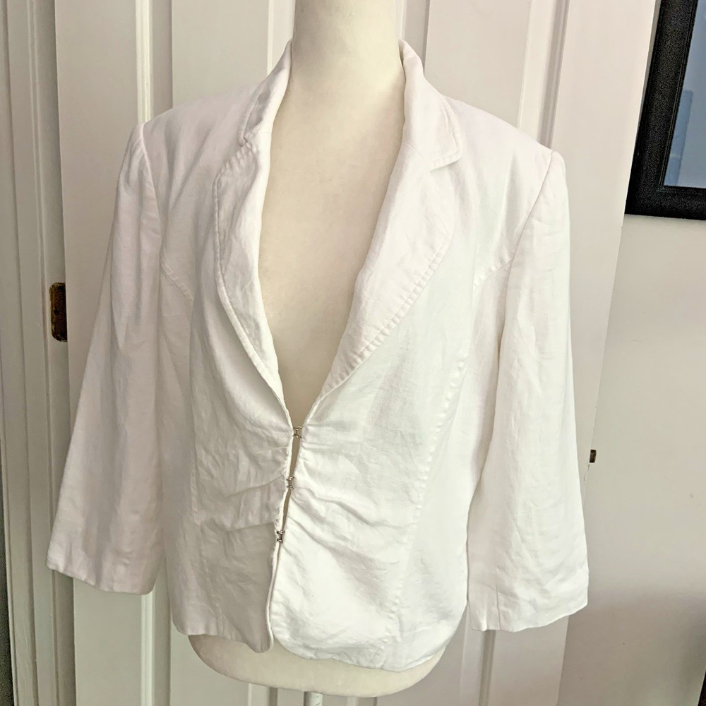 VTG Y2K Worthington White Linen Blazer Lined Ruched front 3/4 sleeves Women 14